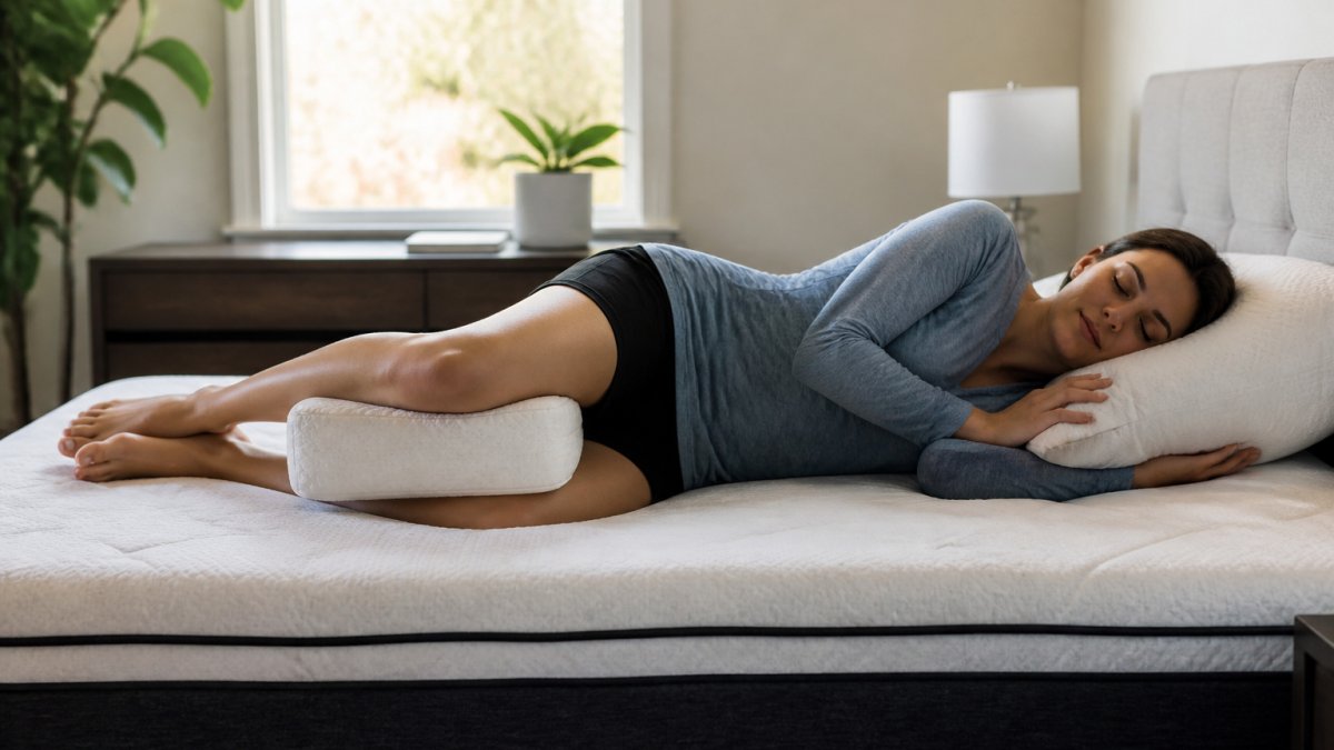 Person sleeping on their side on a supportive mattress with a pillow between knees, showing neutral spinal alignment and proper positioning in a modern bedroom with soft morning light